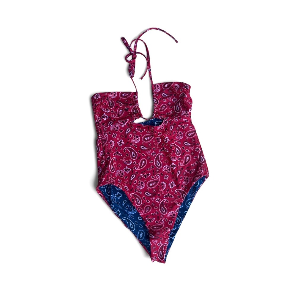 One Piece Swimsuit Womens M Red Blue NWT Reversible Paisley Print